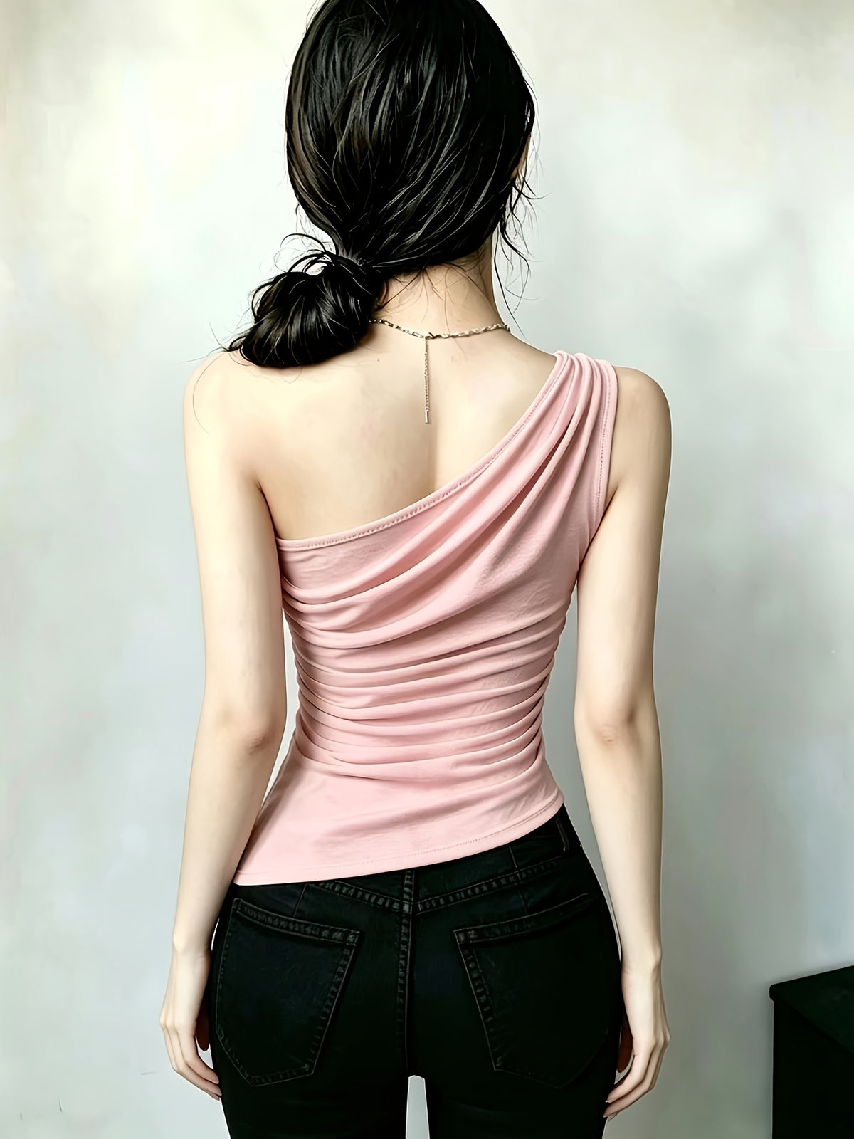 YY260317030 Women'S Asymmetrical Hem Pleated Waist Casual Top - Pink