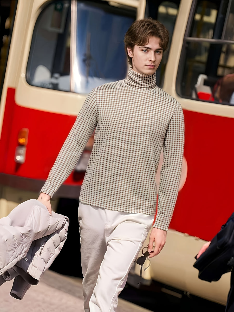 Nordic Vintage High-Neck Plaid Long-Sleeve T-Shirt for Men, Thickened for Autumn And, Soft And Warm, with a Luxurious Feel, Perfect As a Base Layer for Trendy Couples And Youth - Dark And Light Khaki Grid