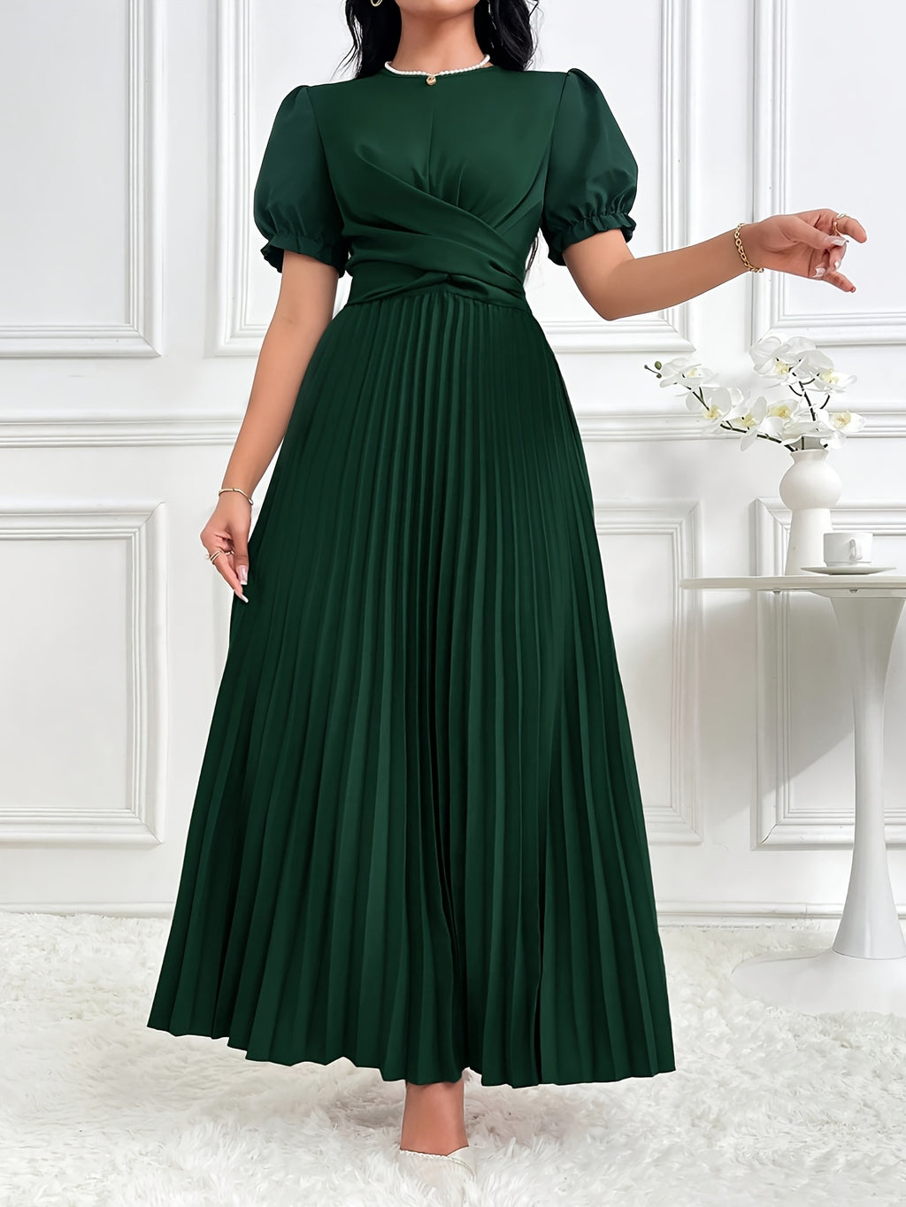 Women'S Solid Lantern Sleeve Ruffled Elegant Long Dress, Spring/Summer - Dark Green