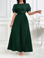 Women'S Solid Lantern Sleeve Ruffled Elegant Long Dress, Spring/Summer - Dark Green