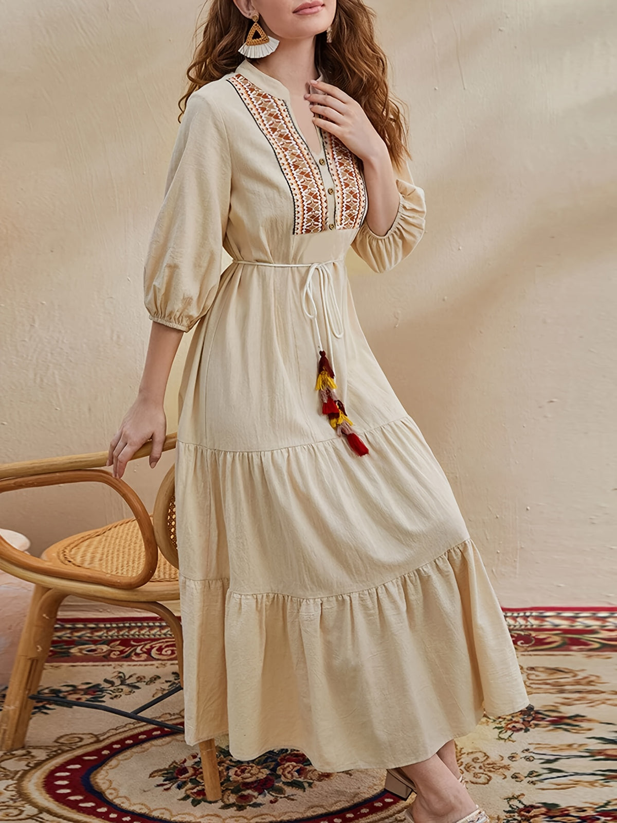 Women Three Quarter Sleeve Dress Tassel Detail Ruffle Hem Lantern Sleeve Stand Collar With Belt - Apricot