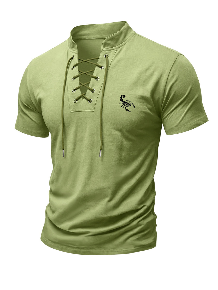 2026 New Men's Short-Sleeve T-Shirt, Men's Lace-Up Stand Collar Short-Sleeve Tee, Suitable for All Seasons, Slim-Fit Casual Top with Unique Lace-Up Design, Scorpion Pattern Print - Olive Green