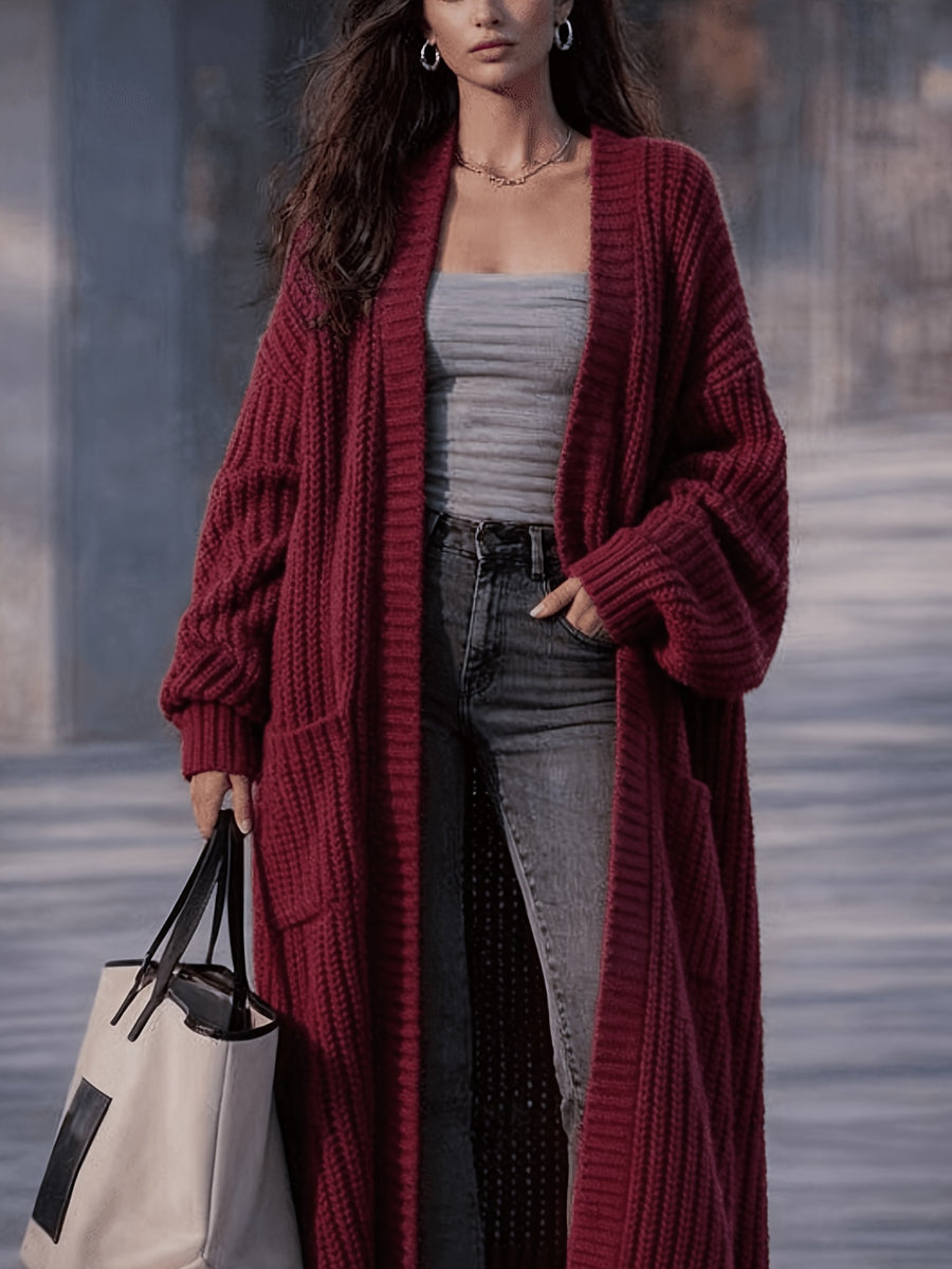 Women'S Solid Color Cardigan Sweater, Casual Long Sleeve Open Front Cardigan - Burgundy