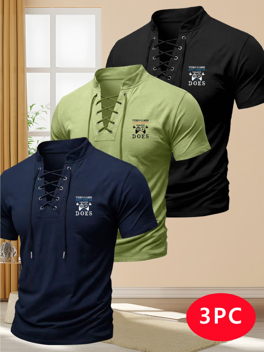 Men's Three-pc Summer New Arrival Solid Color Stand Collar Short Sleeve T-Shirt, American Vintage Style with Unique Drawstring Cross-Over Shoulder Straps, Slim Fit Fashionable Casual Streetwear Sporty Short Sleeve Top - Black+Green+Navy Blue