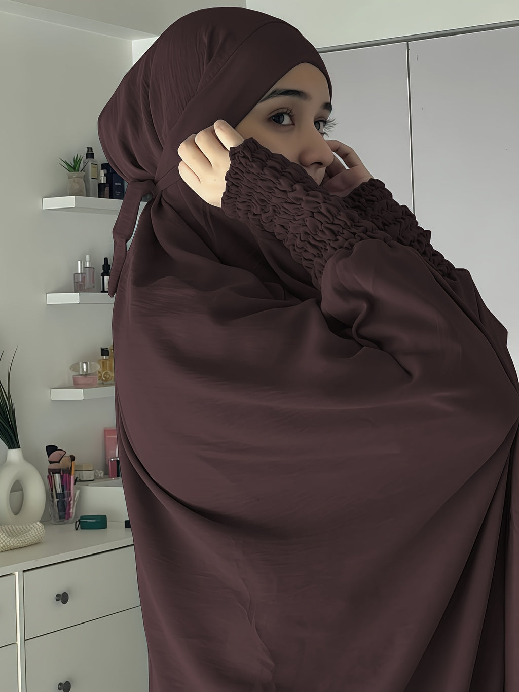 Khimar and Abaya Jilbab Dress, Loose Robe with Elastic Sleeves, High Privacy, Premium Jilbab for Muslim Women, Prayer Headscarf, Islamic Clothing, Khimar - Coffee Color
