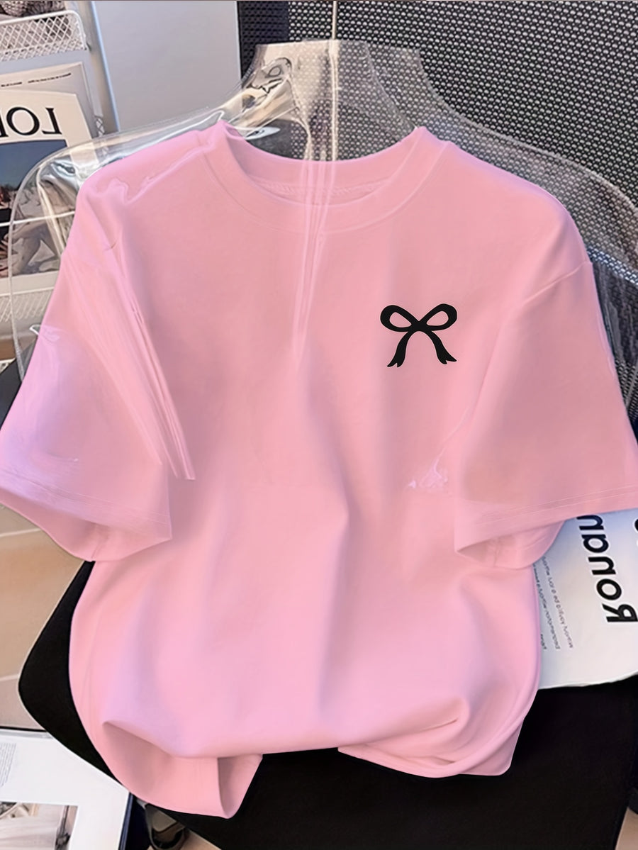 Graphic Print T-Shirt, Short Sleeve Crew Neck Casual Top for Summer & Spring, Women'S Clothing - Pink
