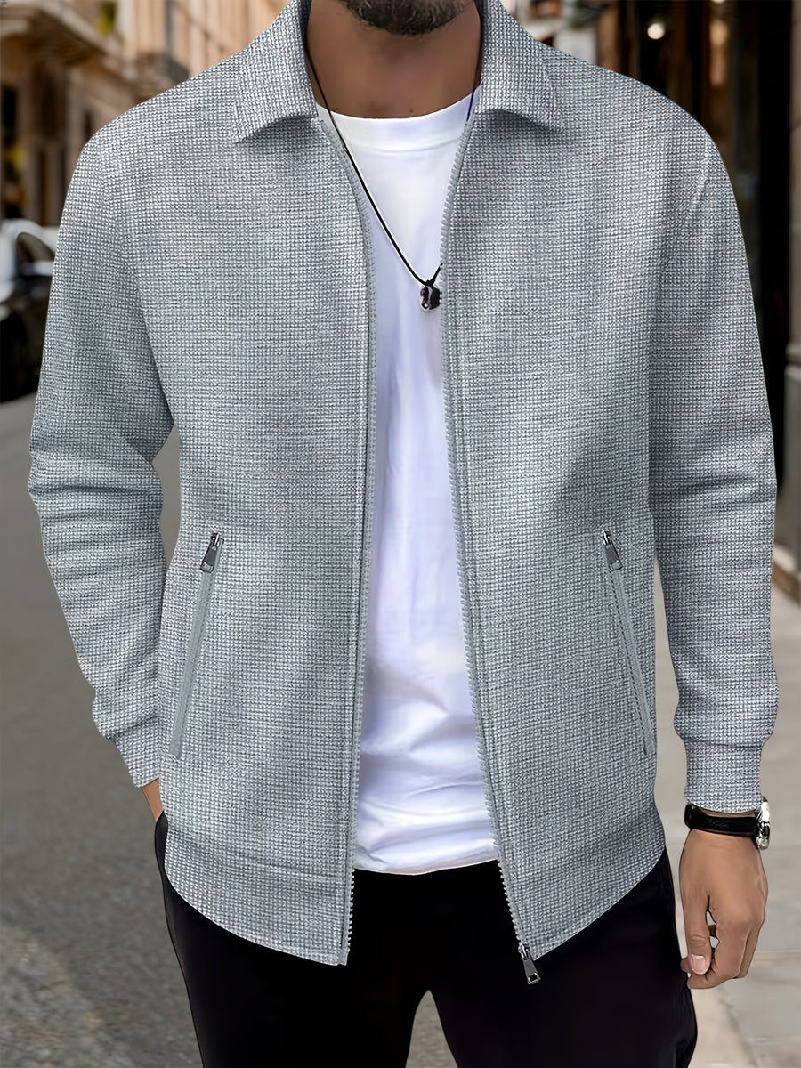 Spring And Autumn Men'S High-End Business Casual Jacket, Luxurious Texture Style, Waffle Texture Jacquard Fabric, Double-Sided Zipper Pockets, Stylish And Structured Long-Sleeve Coat, Suitable for Business Meetings, Daily Commuting, And As a Gift - Light Grey