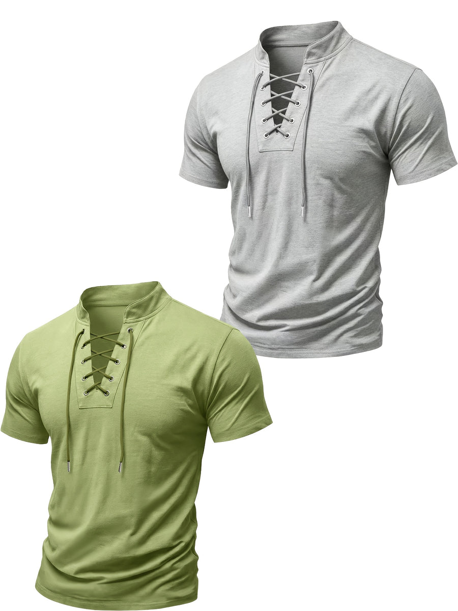 2026 New Men'S Casual Small Lapel Solid Color Short Sleeve, 2pcs Set - Light gray and military green