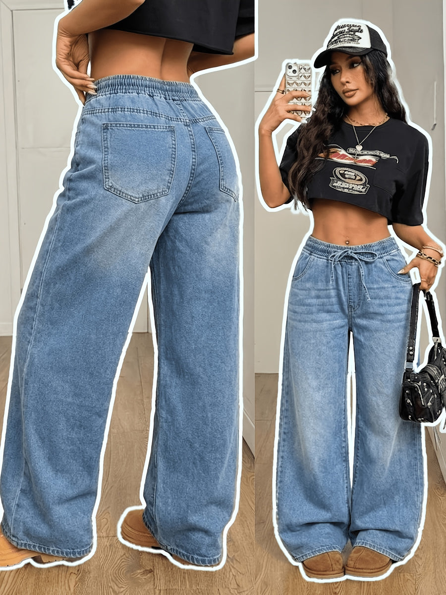 Summer Women'S Elastic Waist Lightweight Fabric Wide-Leg Jeans, Loose Drawstring High-Waist Thin Casual Denim Trousers, Suitable for Beach, Daily Commute, Casual Outings - Sky Blue