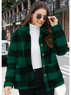 Plaid Print Patched Pockets Teddy Coat, Versatile Long Sleeve Single Breasted Winter Outwear, Women's Clothing - Dark Green
