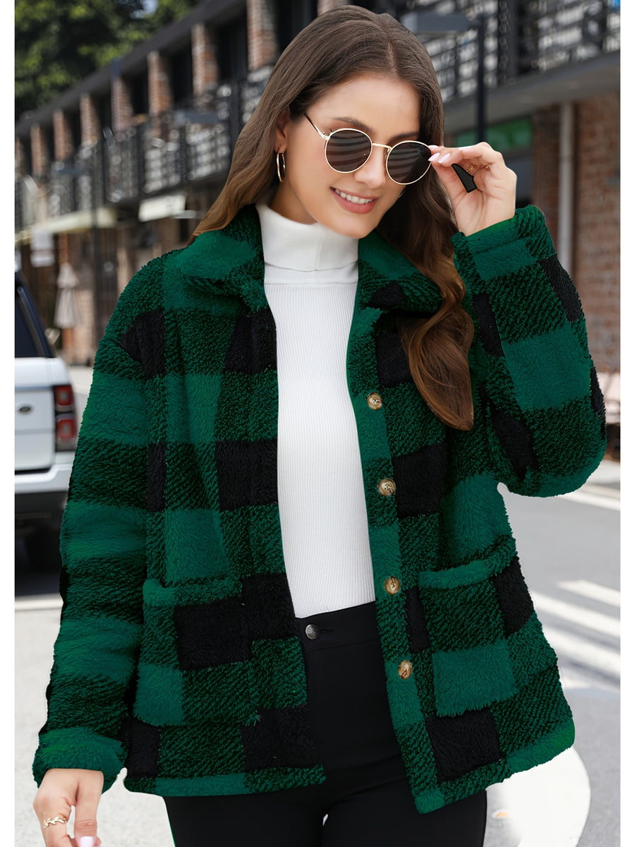 Plaid Print Patched Pockets Teddy Coat, Versatile Long Sleeve Single Breasted Winter Outwear, Women's Clothing - Dark Green