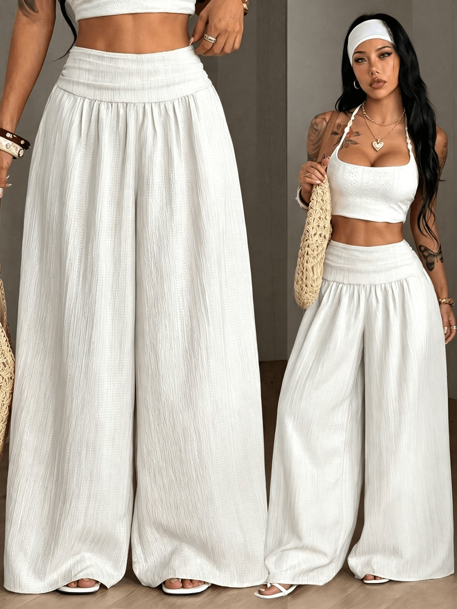 Women's Autumn/Winter Elegant Casual Vacation Solid Color Loose Textured Wide-Leg Pants - Off-white