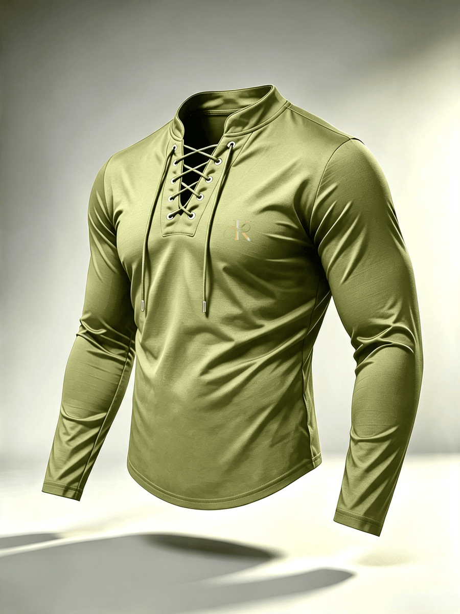 2026 New Men'S Casual Outdoor Tie-Neck Polo Shirt - K, Long Sleeve for All Seasons, Button-Less Design with Cross Drawstring, Stand Collar, Breathable And Comfortable, Quick-Dry - Military Green
