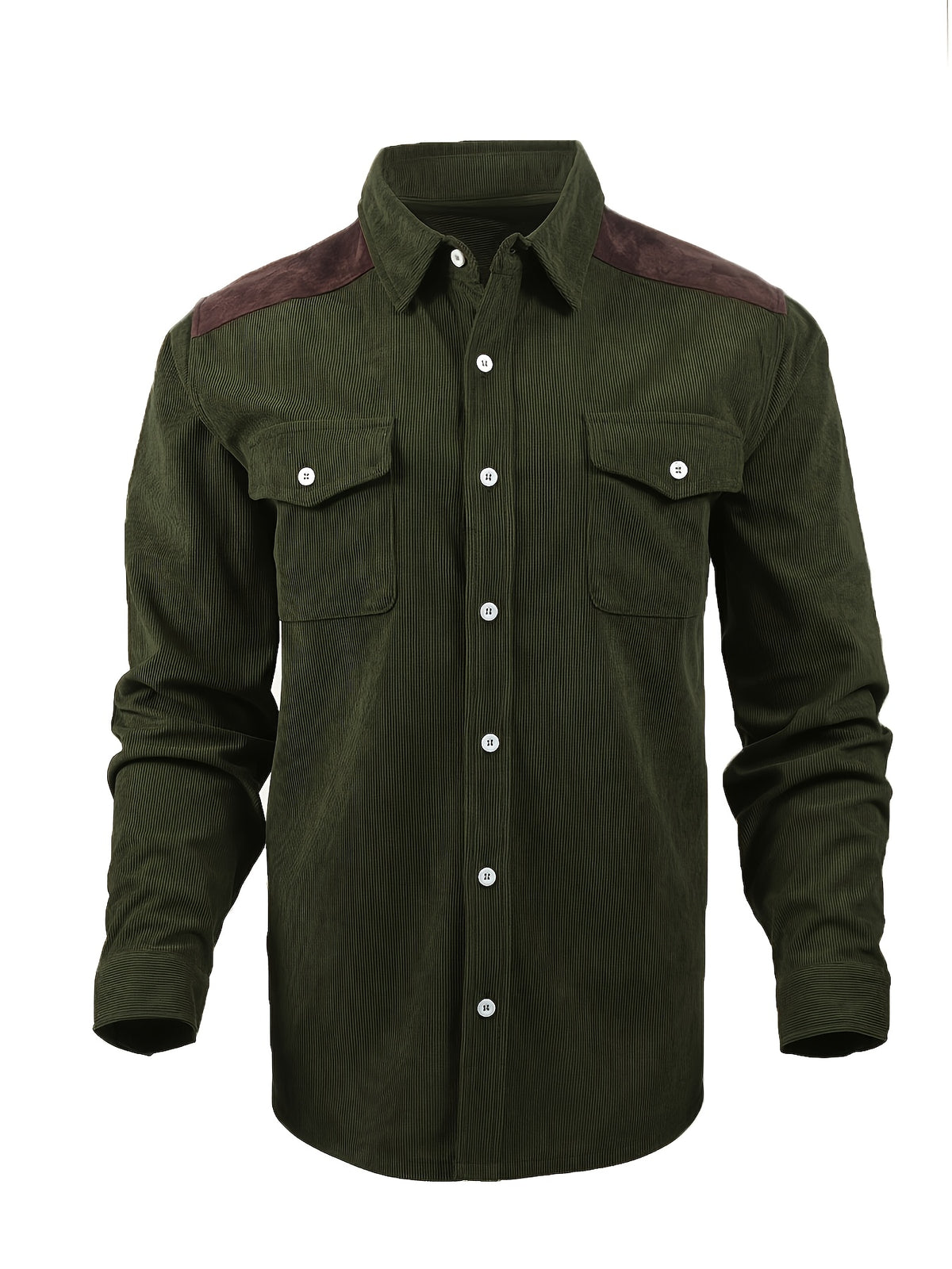 Men'S Retro Corduroy Shirt - Casual Long Sleeve Pocket Shirt, Brown Retro Style Jacket, Suitable for All Seasons, Lapel Design, Loose Fit Suitable for Layering Or Wearing Alone - fern green