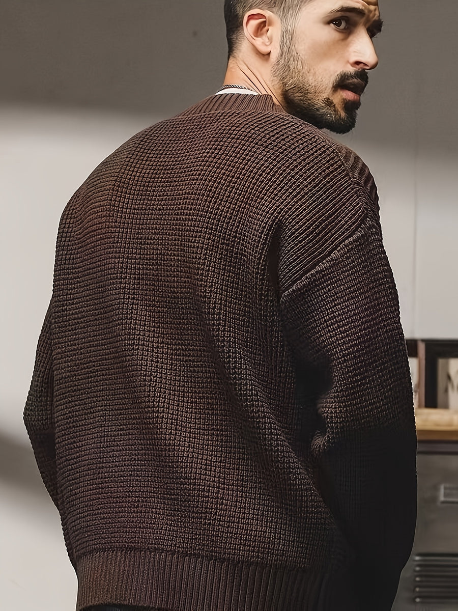 Men's Chunky Knit Sweater Cardigan, Loose Fit Slouchy Style, Japanese Vintage Heavyweight Knit Cardigan - Coffee Brown