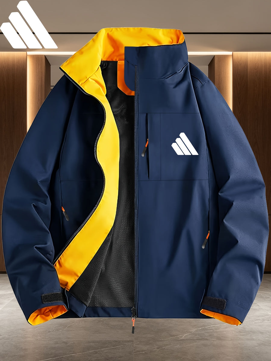 Minimalist Three-Slash Pattern Contrast Lining Full-Zip Stand Collar Windproof Jacket, Unisex Spring/Autumn White Multi-Pocket Outdoor Windbreaker - Navy Color