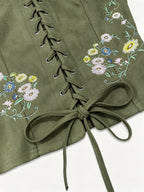 Women's Bohemian Brown & Floral/Leaf//Star/Bird/Bee/Bubblegum/Heart/Starfish/Lace-like Threading Embellished Square Neck Lace-like Top - Short Sleeve Lacing-Front Closure Boho-Chic Blouse for Music Festivals & Parties ( - Tactical Green