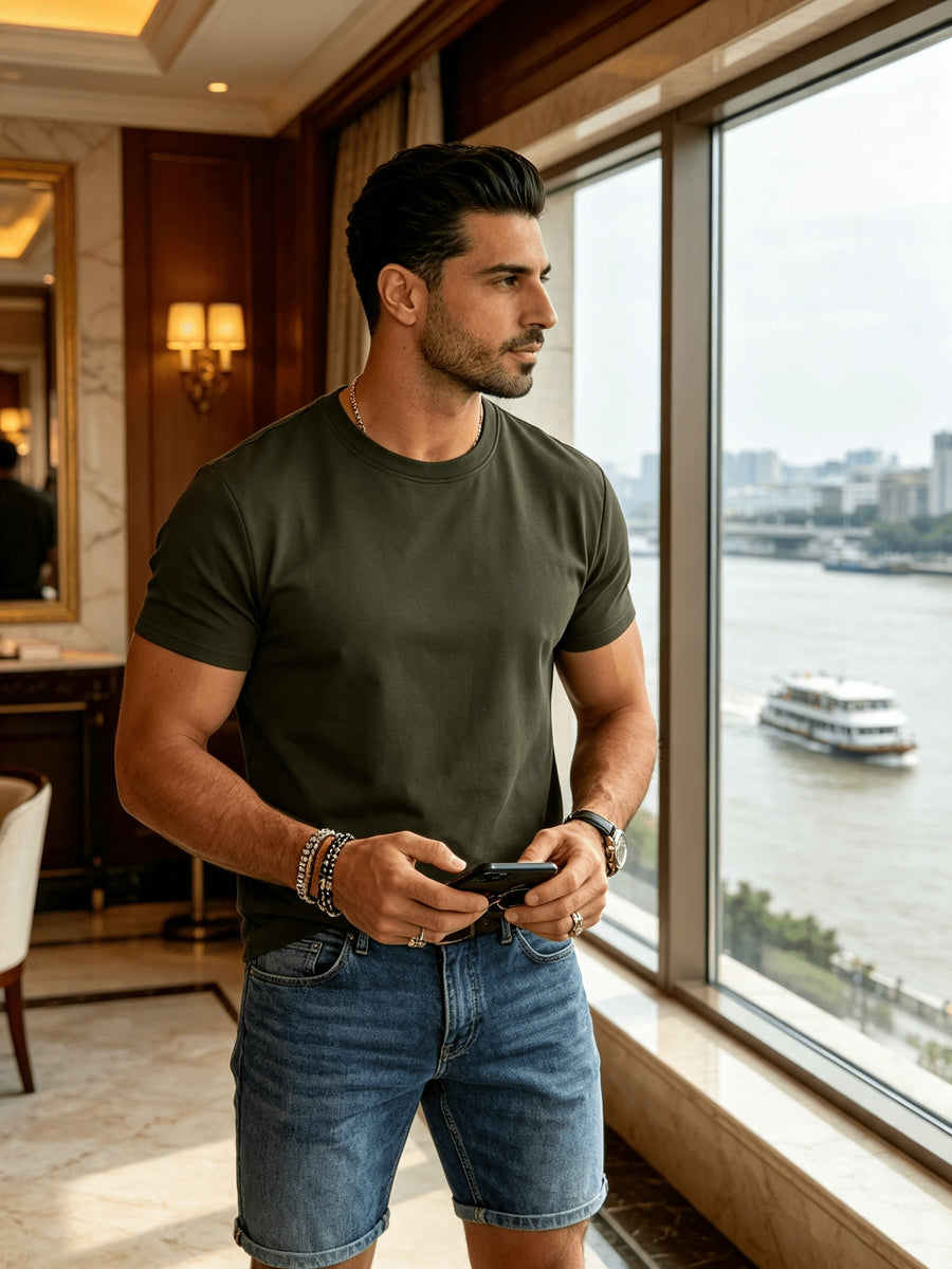 Men's Spring/Summer Solid Color T-Shirt, Short-Sleeve Top, Casual and Breathable, Suitable for Commuting and Outings, Fashionable, Trendy, Simple, and Versatile, a Casual Essential - Military Green