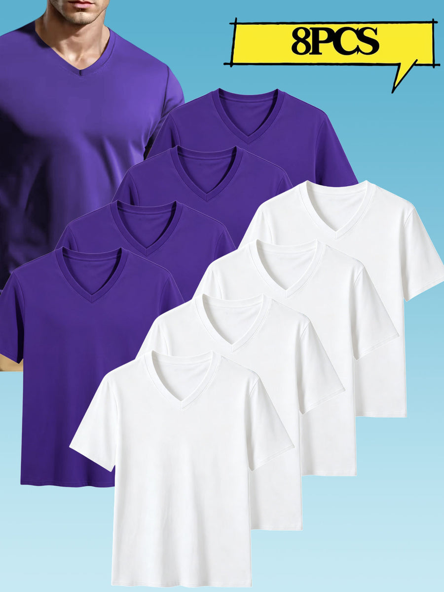 8pcs Men's Casual Knit Ribbed V-Neck T-Shirt / Soft and Comfortable Fabric / Short Sleeve / Solid Color / Crew Neck / Back-to-School Season, Casual Sporty Design Top, Multiple Colors Available, Suitable for Summer Daily Wear - 4 white pieces + 4 purple pieces
