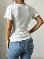 Women'S Spring Summer Casual V-Neck Solid Color Commuter T-Shirt - White