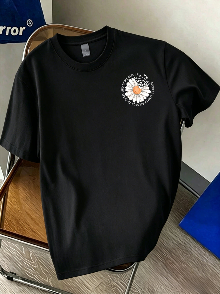 Men's 100% Pure Cotton Comfortable Casual Soft Breathable Daisy and Butterfly Print Short-Sleeve T-Shirt for Spring and Autumn Daily Commuting - Black