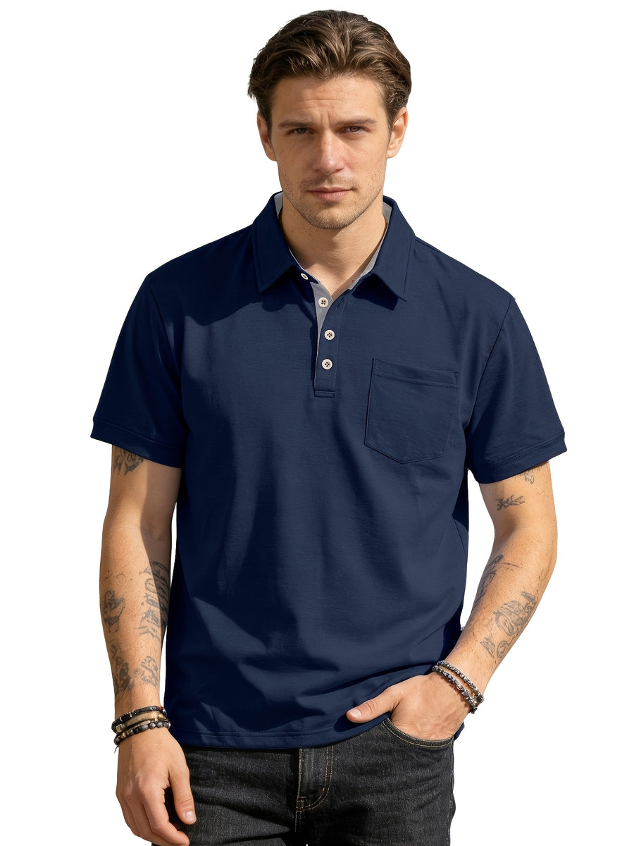 2pcs Set Men's Casual Solid Color Lapel Short-sleeve Polo Shirt with Casual Utility Pocket Design, Suitable for Business Casual Wear - Black And Navy Blue