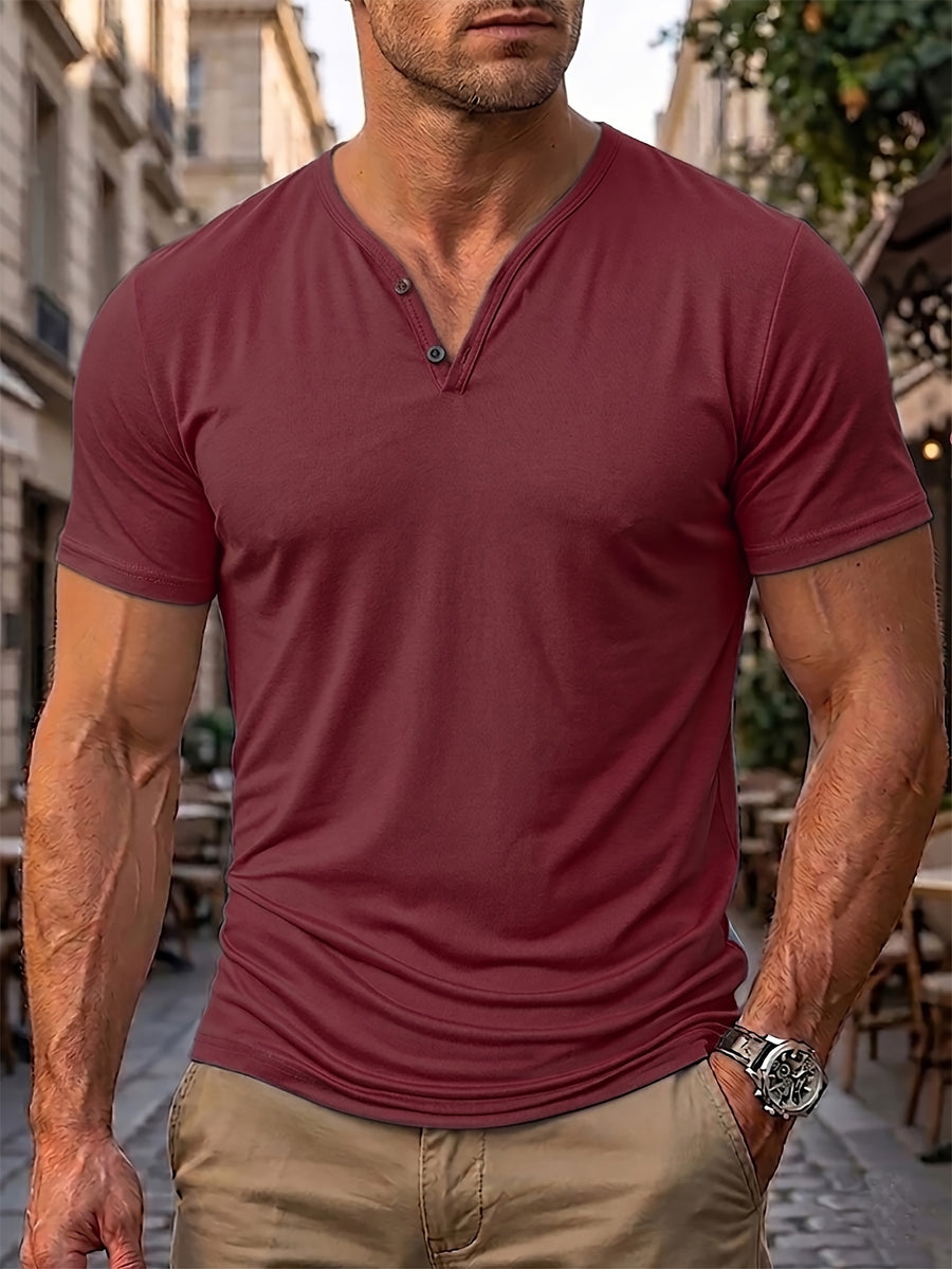 Men's Quick-Dry Moisture-Wicking Henley Shirt - Lightweight Breathable Stretch V-Neck Button-Front Collar T-Shirt Suitable for Gym, Outdoor, & Casual Wear, Solid Color Short Sleeve for Daily Activities & Summer Training (Machine Washable) - Burgundy