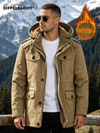 DIFFELEMENT Outdoor Hardcore Men's Workwear Style Mid-Length Hooded Parka Coat, Windproof Hood with Fleece-Lined Thickened Lamb's Interior, Double-Breasted Placket with Buttons, Multiple Pockets, Cold-Resistant, Wear-Resistant, Wrinkle-Resistant - Khaki