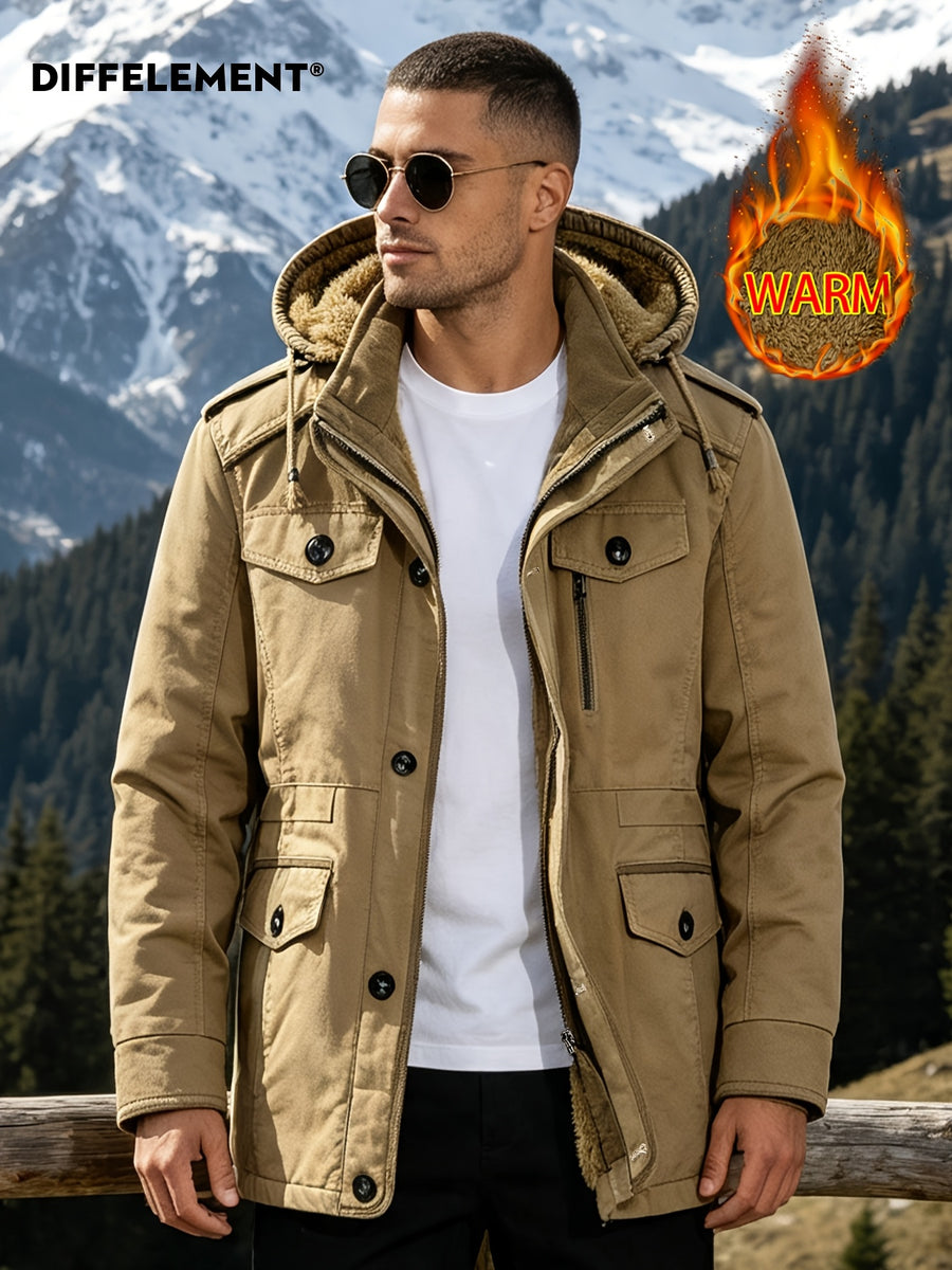 DIFFELEMENT Outdoor Hardcore Men's Workwear Style Mid-Length Hooded Parka Coat, Windproof Hood with Fleece-Lined Thickened Lamb's Interior, Double-Breasted Placket with Buttons, Multiple Pockets, Cold-Resistant, Wear-Resistant, Wrinkle-Resistant - Khaki