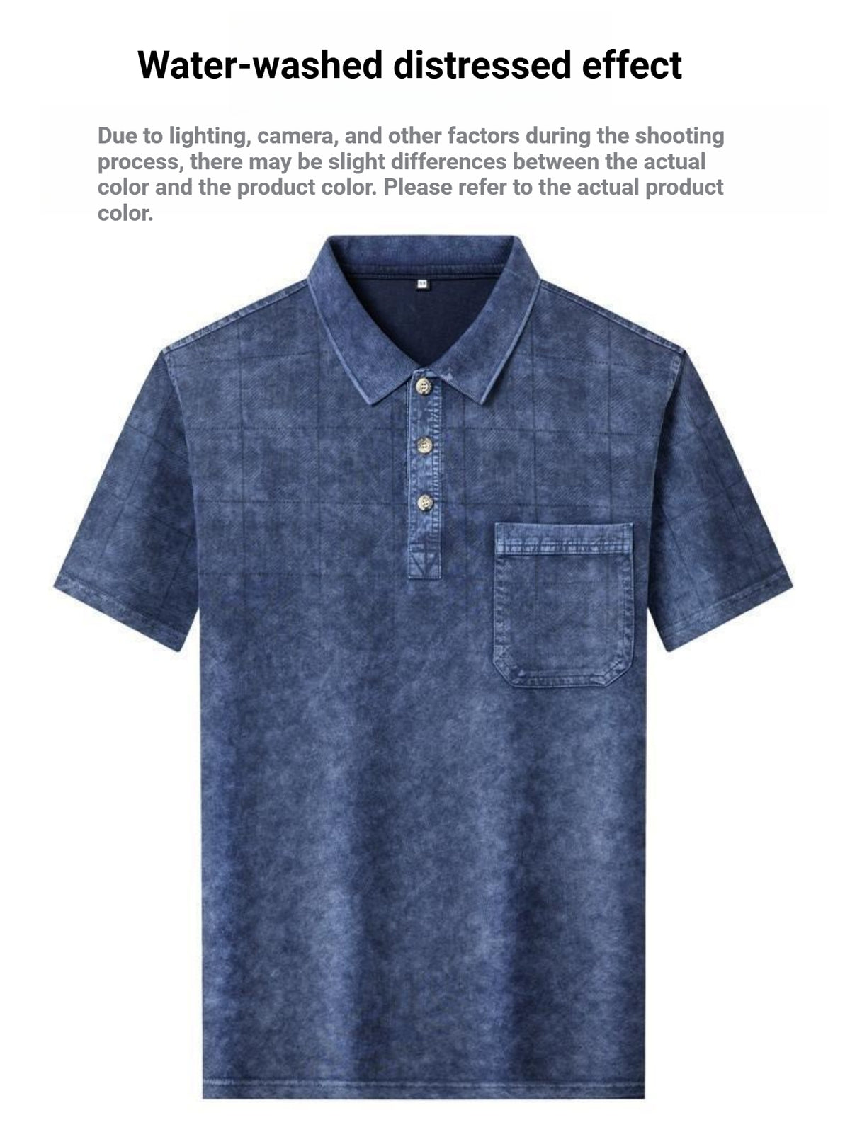 Washed Distressed Denim Texture Polo Shirt, Breathable Sweat-Absorbent Men'S Business Casual Summer Top, Sweat-Resistant - Navy Color