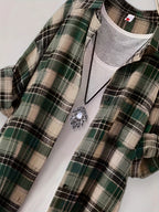 Mid-length Loose-fit Casual Plaid Shirt - Green
