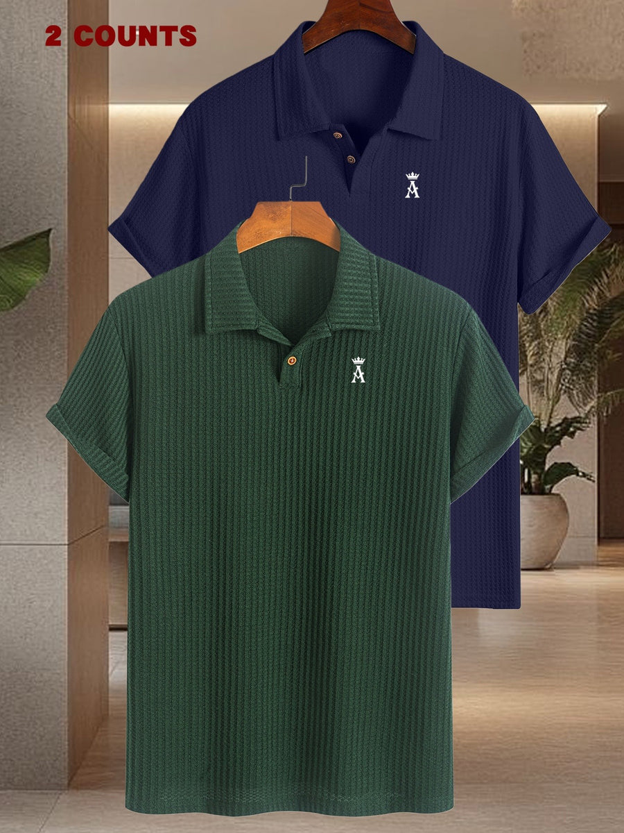 2pcs Set Men'S Textured Jacquard Short Sleeve POLO Shirts | Casual Comfortable Knit with Lapel Collar, Medium Stretch Fabric, Geometric Pattern, Button Details - Dark Green + Navy Blue