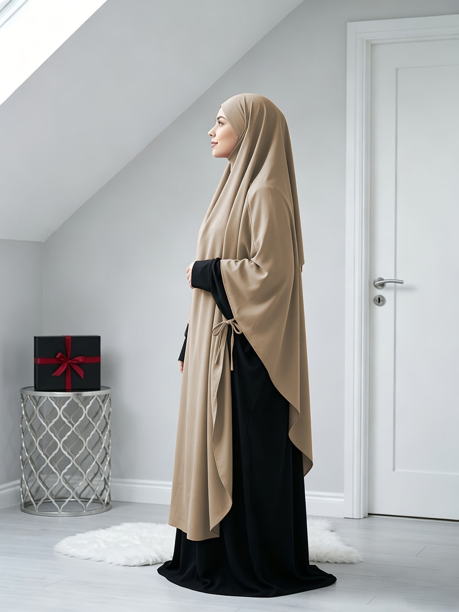 A Solid Color Nidaga Prayer Jilbab. The Fabric Is Skin-friendly and Breathable, Making It Suitable for Women to Wear and Pray Daily. The Robe Abaya Features a 1pc Design with a Khimar, Offering a Strong Drape and a Loose Fit, Ideal for Busy Daily - Khaki