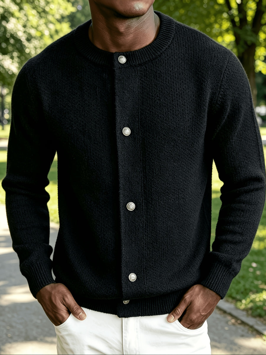 Men's Classic Button-Front Cardigan - Stretch Knit Button-Up with Solid Color, Warm Winter Outerwear Suitable for Daily, Office & Weekend Wear, Belt-Free Regular Fit for - Layering - Black