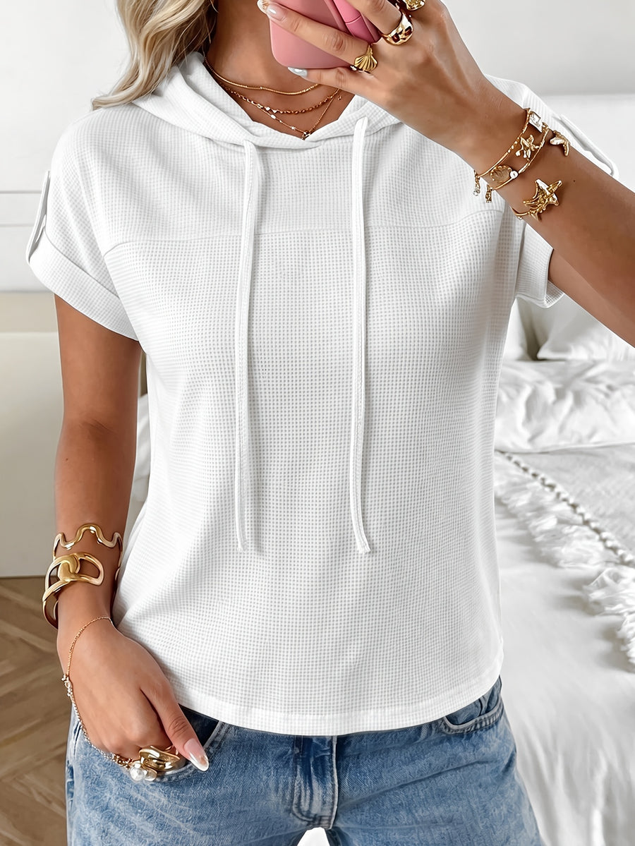 2026 New Women's Hoodie with Waffle Fabric Patchwork, Short Sleeves, Decorative Buttons, and Hood - Pure White