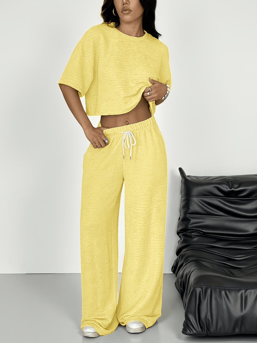 Women'S Spring/Summer Fashion T-Shirt And Pants 2pcs Set - Yellow