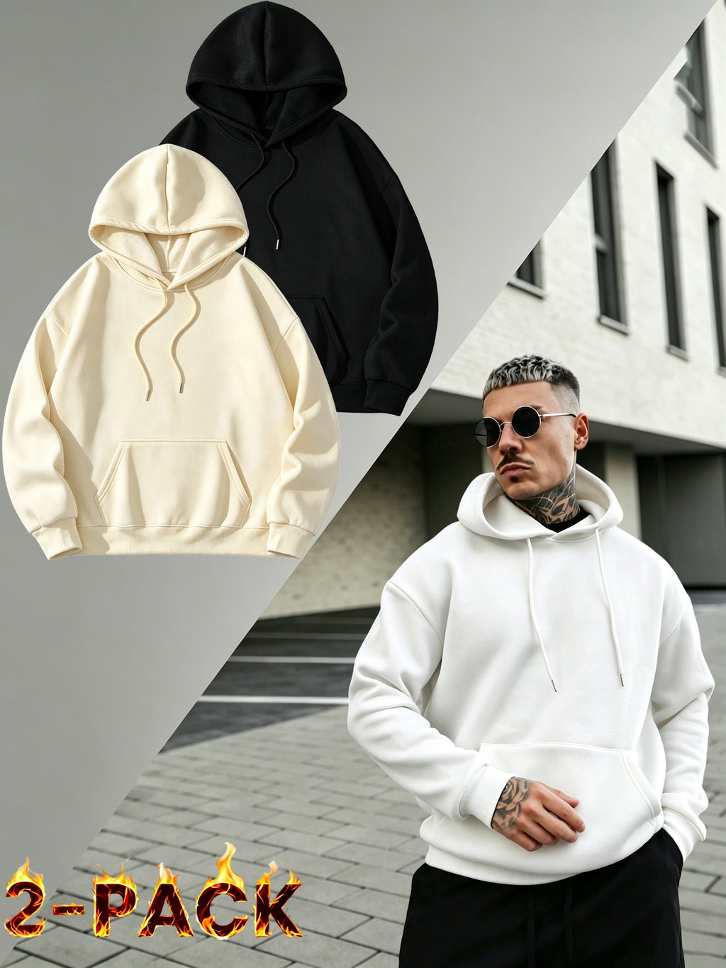 2PIECESMen's Solid Color Drop-shoulder Long-sleeve Drawstring Pocket Casual Outdoor Street Fashion Hoodie, Suitable for Autumn and Winter, Back-to-school Season - Yellow+black