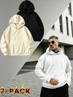 2PIECESMen's Solid Color Drop-shoulder Long-sleeve Drawstring Pocket Casual Outdoor Street Fashion Hoodie, Suitable for Autumn and Winter, Back-to-school Season - Yellow+black