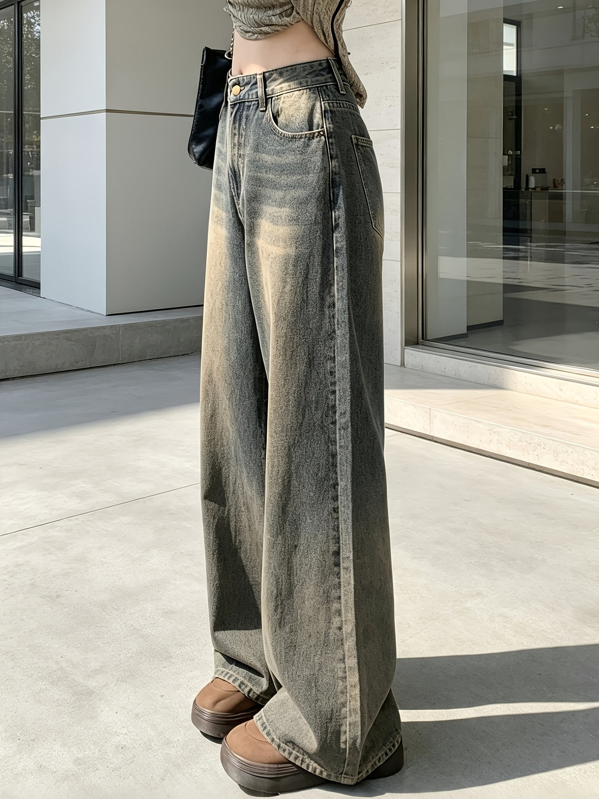 Women'S American Vintage Washed Distressed Wide-Leg Jeans, New Arrival for Autumn, Retro Blue, High Waist, Draping Floor-Length Pants - Sea Blue
