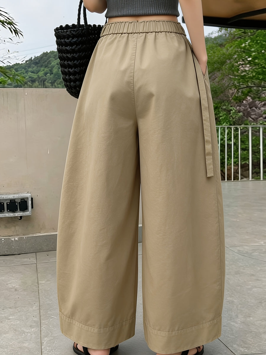 Western Style Summer High-Waist Wide-Leg Pants Women'S Loose Straight Casual Trousers Drape Elastic Waist Vacation Beach Pants Lazy Style Streetwear Inclusive XS to L Size Daily Commute Home Style Breathable Thin Texture Western Trendy Style Outdoor - Khaki