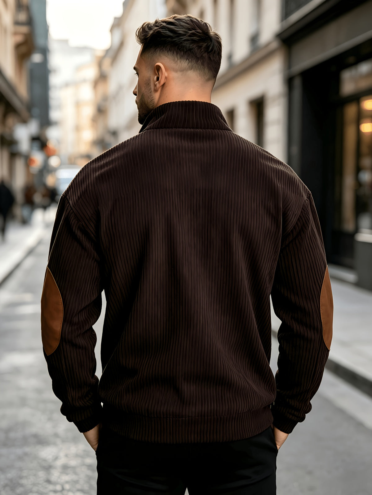 Men'S 2pcs Corduroy Pullover Sweatshirt Set, Half-Button Stand Collar Long Sleeve Top with Elbow Patchwork, Retro Vertical Texture Fabric, Loose Fit Soft Warm Comfortable Pullover Sweater, Suitable for Autumn/Winter Casual Wear - Coffee + Apricot