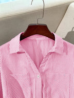 YTD Women's Casual Striped Long Sleeve Single-Breasted Pocket Long Shirt Dress HF869 with Belt - Pink