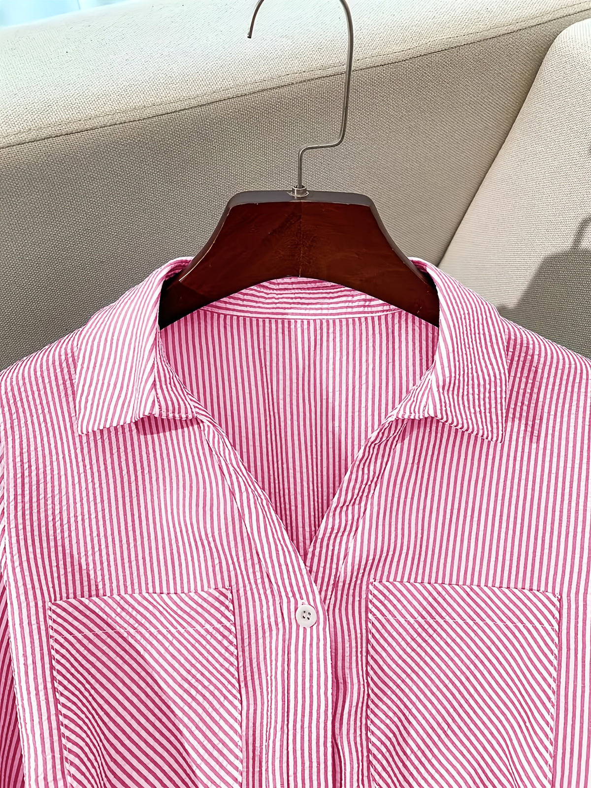 YTD Women's Casual Striped Long Sleeve Single-Breasted Pocket Long Shirt Dress HF869 with Belt - Pink