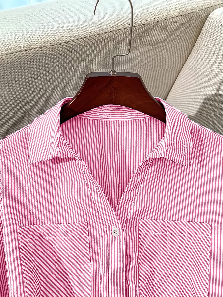 YTD Women's Casual Striped Long Sleeve Single-Breasted Pocket Long Shirt Dress HF869 with Belt - Pink