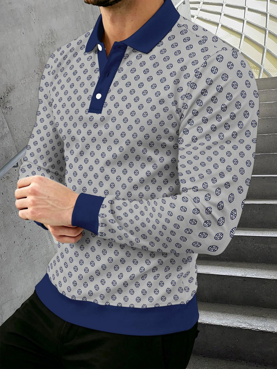 Men's Novelty Fashion Long-Sleeve Top with Fine Starburst Vintage Print, Three-Button Polo Shirt with Access Control Design, Punk Street Style Lapel Top for Daily Commuting and Outings, Surprise Birthday and Holiday Gift for Men - Mixed Color H