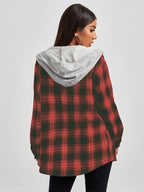 European And American Women'S Autumn And Winter Fashion Plaid Long Sleeve Hooded Shirt - Red