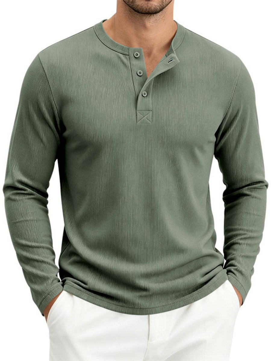 Men's Spring Fall Heavyweight Ribbed Henley Shirt, American Retro Casual Long Sleeve Top, Breathable Loose Commute Henley Neck Tee - Light Green