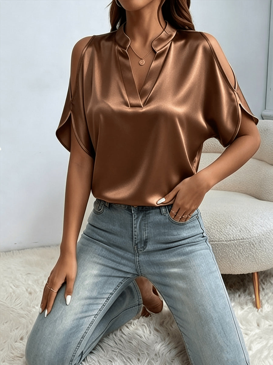 Women'S Chic Stand Collar V-Neck Cold Shoulder Short Sleeve Top - Satin Texture, Ideal for Mother'S Day & Independence Day Commute, Suitable for Spring & Summer Casual & Date Looks, Luxury Style Outfit - Coffee Brown