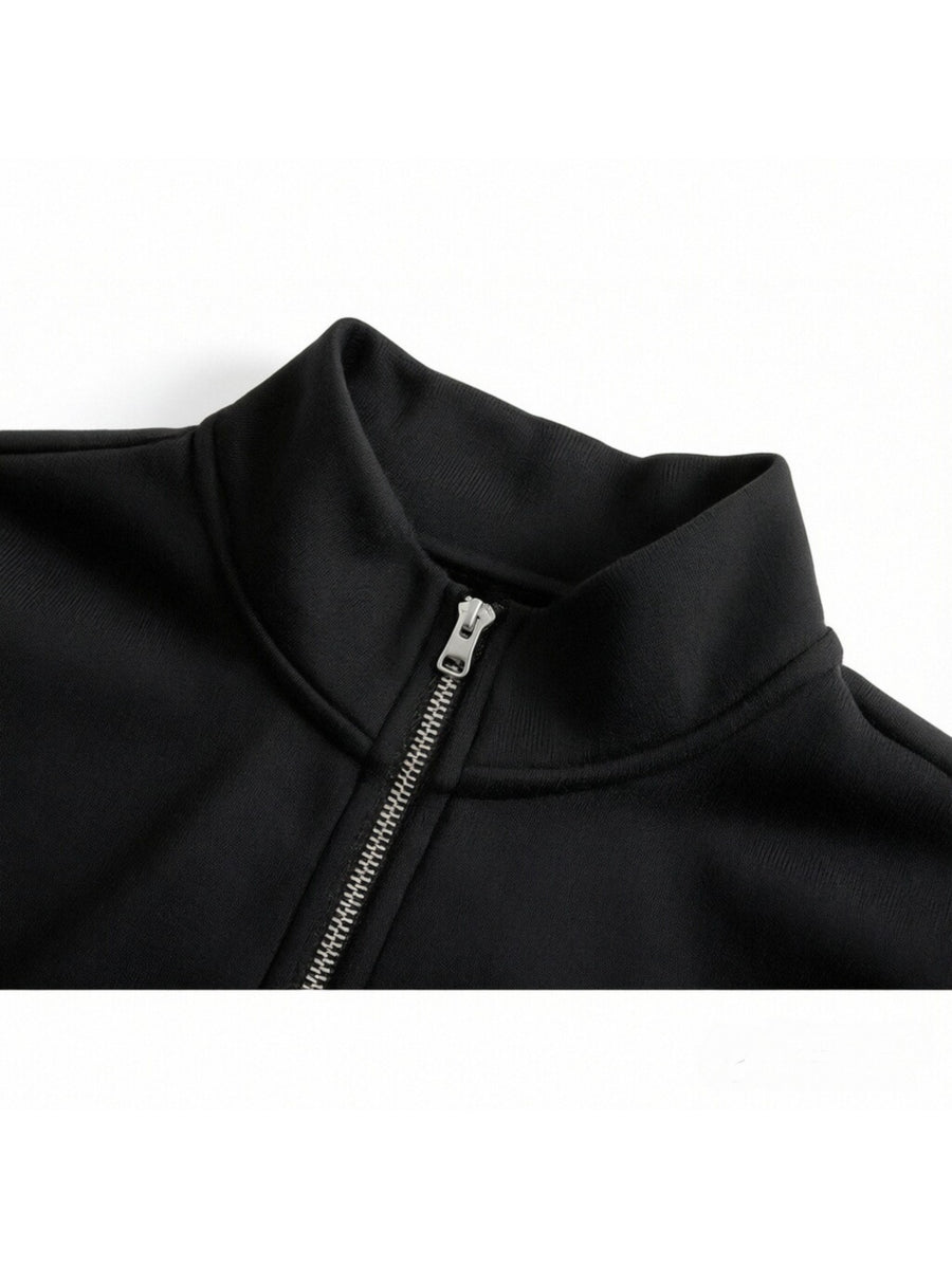 Men'S Half-Open Collar Mid-High Neck Sweatshirt, Contrast Geometric S Logo Print Striped Ribbed Hem Loose Athletic Pullover Top, Suitable for Commute And Casual Wear - Black