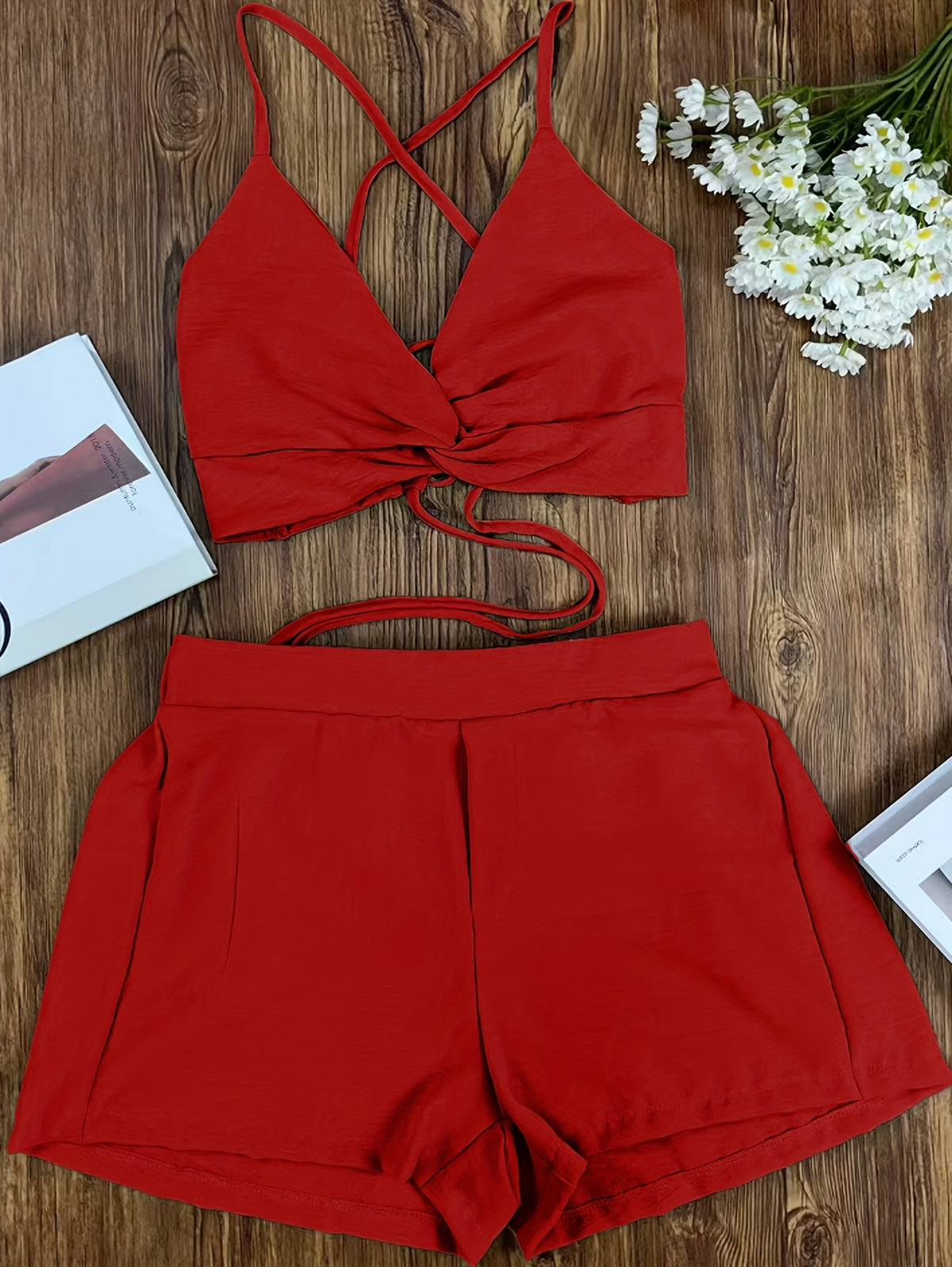 Women's Three-Piece Set: Camisole Top, Shorts & Shirt - Perfect for Daily Commute Vacation - Scarlet red